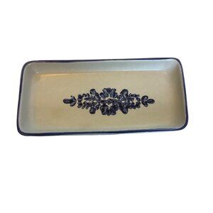 Vtg Rectangular Stoneware Trinket Relish Dish Blue Floral Design 7.5"x 3.75" x1"